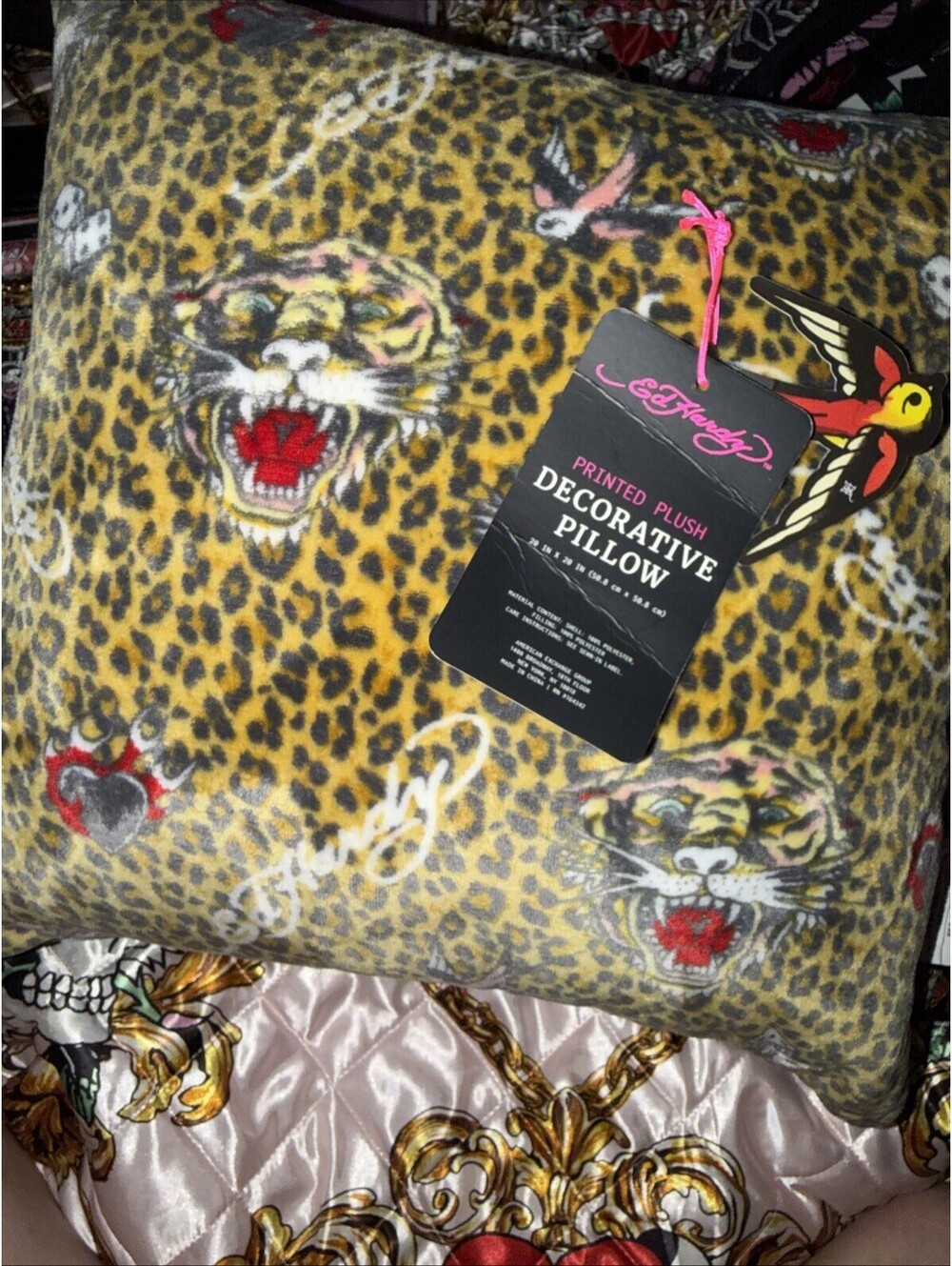Ed Hardy Tattoo Leopard Print Velvet Decorative Pillows - 20x20